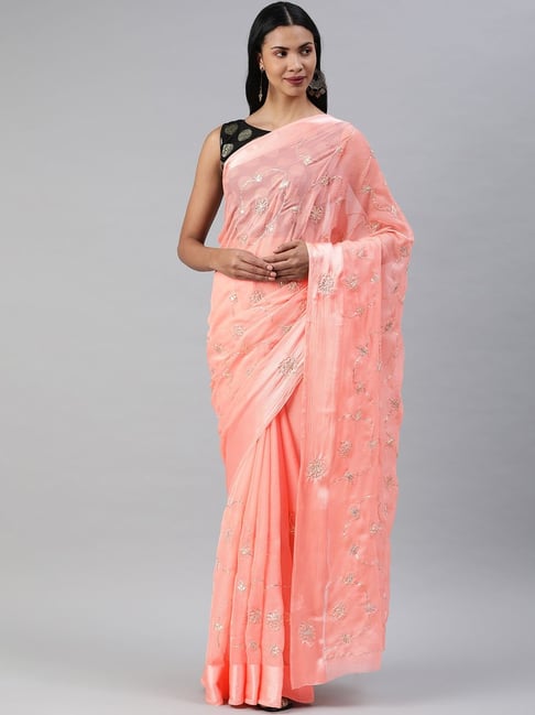 Geroo Jaipur Pink Hand Embellished Gota Patti Chiffon Saree