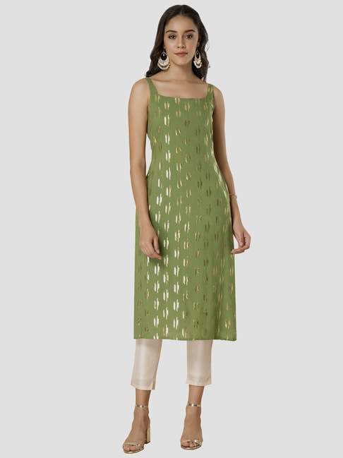 Indya Green Ikat Foil Strappy Straight Tunic Price in India