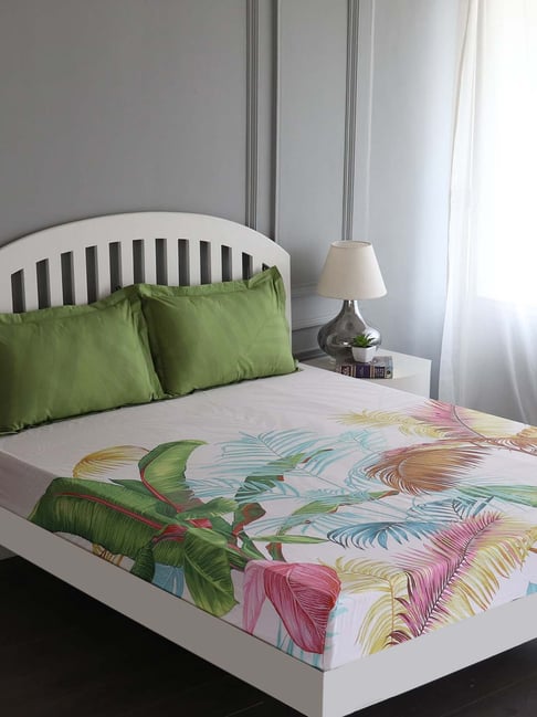 GMF White & Green Cotton 180 TC Bed Sheet Set-picture-47