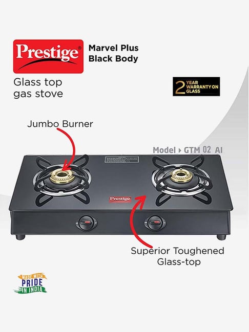 Prestige Marvel Plus GTM02 Burners Glass Top Gas Stove (Black)