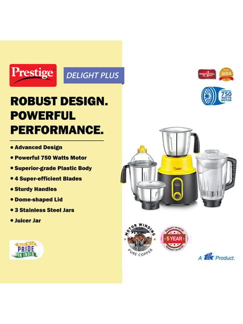 Prestige Delight Plus 750W With Jars Juicer Mixer Grinder (Yellow and  Black)