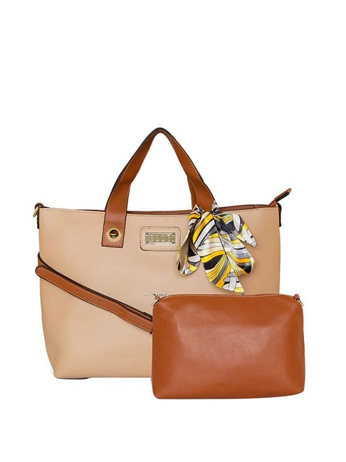 Elle Beige & Brown Solid Medium Tote Handbag with Pouch