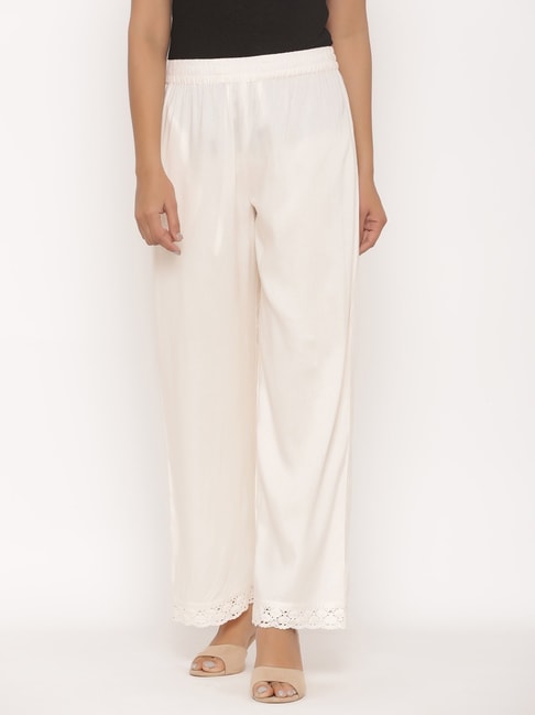 Juniper Ivory rayon straight fit palazzo with elastic waistband with laced hemline and single pocket