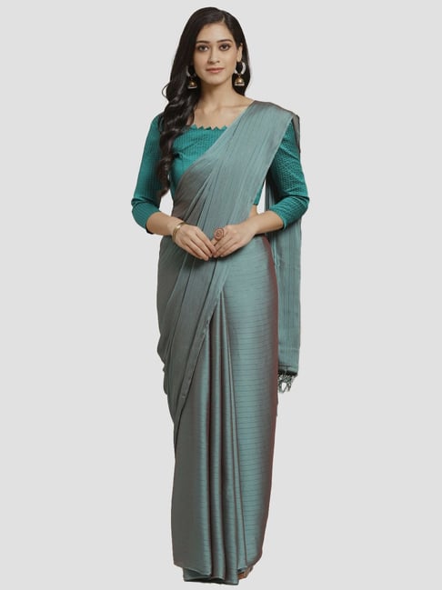 Saree Mall Green Striped Saree With Unstitched Blouse Price in India
