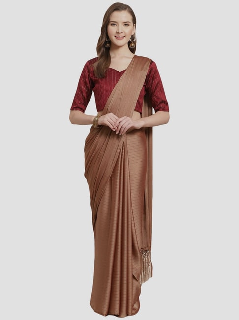 Saree Mall Brown Striped Saree With Unstitched Blouse Price in India