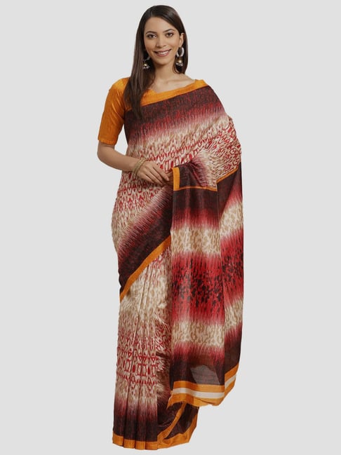 Saree Mall Beige & Red Printed Saree With Unstitched Blouse Price in India