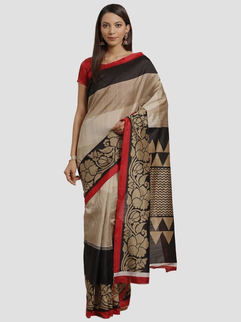 Saree Mall Black & Beige Printed Saree With Unstitched Blouse Price in India