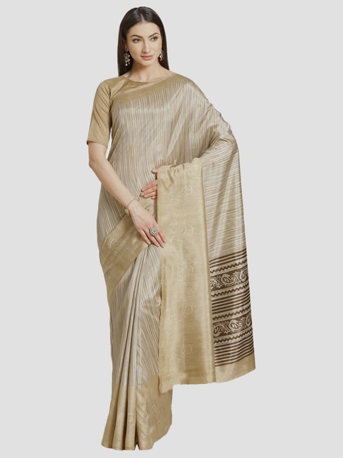 Saree Mall Beige Striped Saree With Unstitched Blouse Price in India