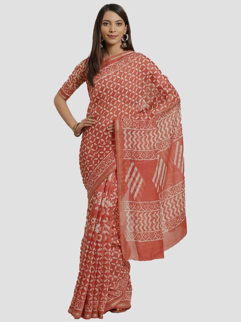 Saree Mall Orange Printed Saree With Unstitched Blouse Price in India
