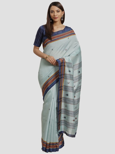 Saree Mall Sky Blue Printed Saree With Unstitched Blouse Price in India