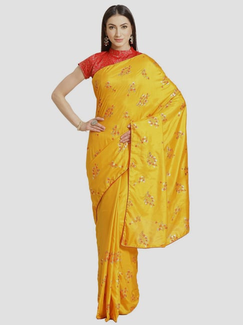 Saree Mall Mustard Floral Print Saree With Unstitched Blouse Price in India