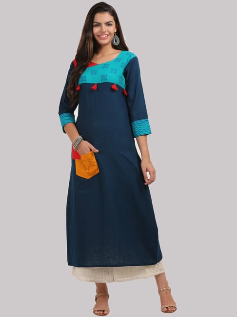 KSUT Navy Cotton Printed Straight Kurta