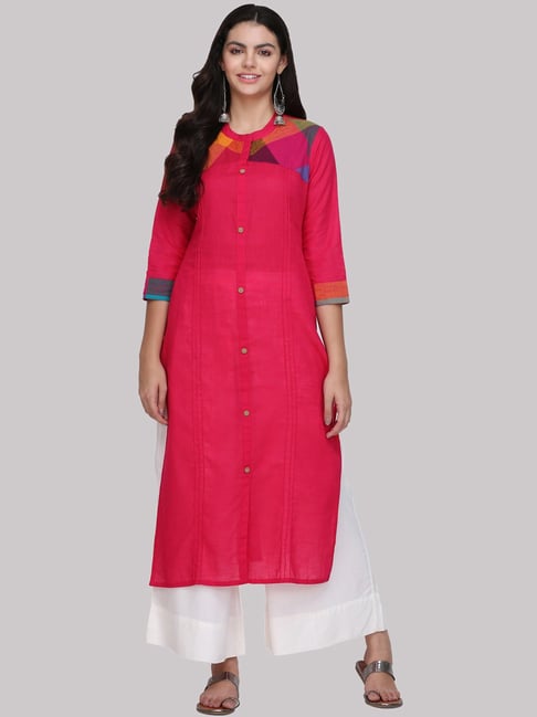 KSUT Pink Cotton Printed Straight Kurta