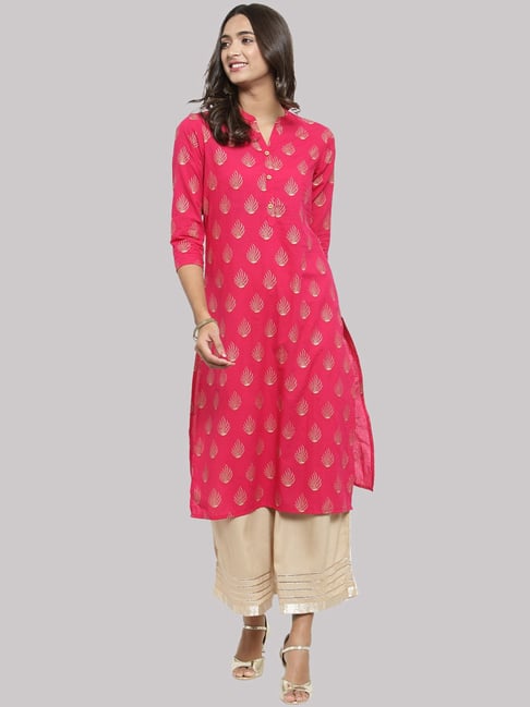 KSUT Pink Cotton Woven Pattern Straight Kurta