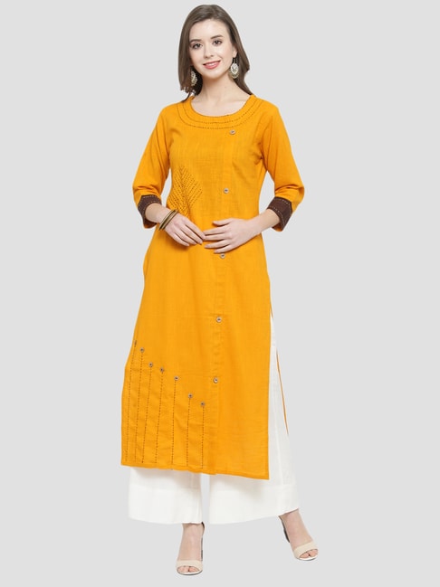KSUT Yellow Cotton Embroidered Straight Kurta Price in India