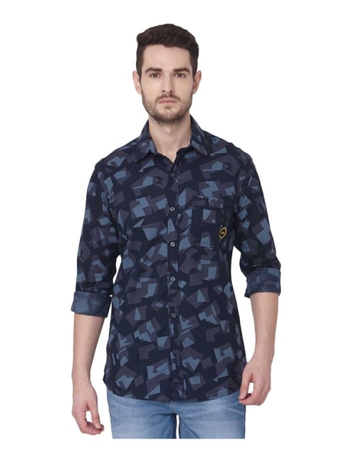 Mufti Navy Cotton Full Sleeves Shirt
