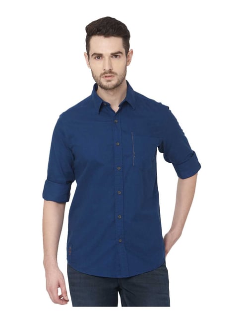 Buy Mufti Dark Blue Slim Fit Cotton Shirt for Men Online Tata CLiQ