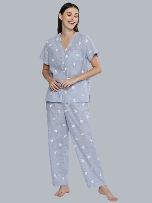 Chemistry Blue Printed Shirt With Pyjama Set