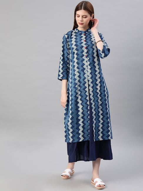 Geroo Jaipur Indigo Hand Block Printed Two Piece Long Pure Cotton Dress Price in India