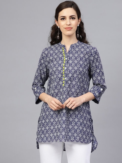 Geroo Jaipur Blue Hand Block Printed Pure Cotton High-Low Top Price in India