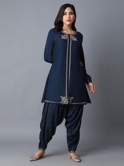 W Navy Embellished Kurti Salwar Set