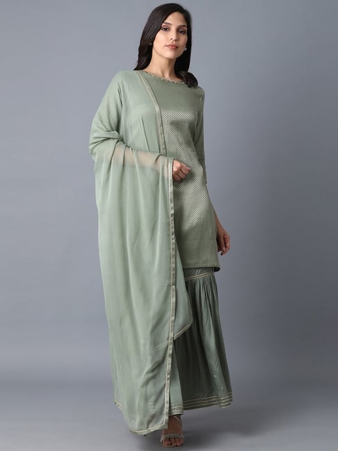 W Green Woven Pattern Kurti Sharara Set With Dupatta