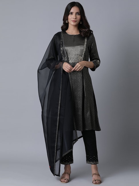 W Black Embroidered Kurta Pant Set With Dupatta Price in India