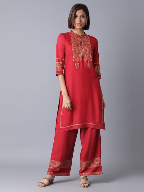 W Red Printed Kurta Pant Set