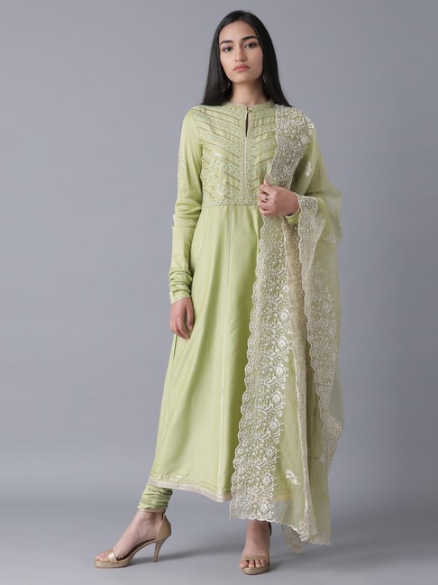 Wishful Pista Green Embellished Kurta Churidar Set With Dupatta Price in India