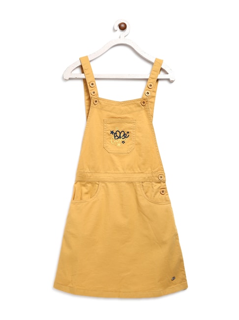 Elle Kids Yellow Cotton Embroidered Dungaree