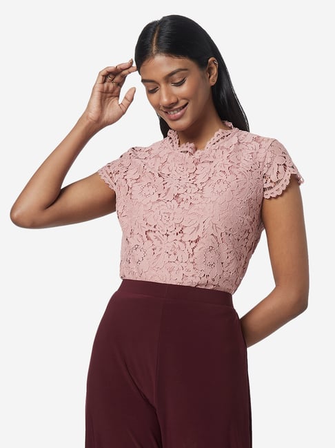Buy Wardrobe by Westside Dusty Pink Floral Lace Top Online at best