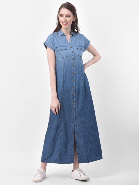 Wholesale Women Fashion Casual Shirt Collar Pocket Large Dresses Denim Maxi  Dress