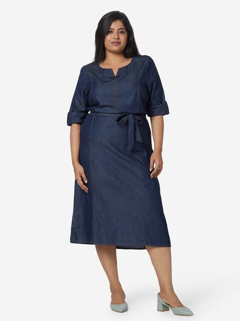 Buy Gia Curves by Westside Dark Blue Denim Dress with Belt Online