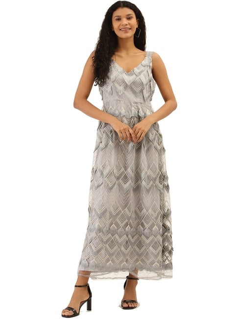 Label Ritu Kumar Grey Embroidered Maxi Dress Price in India