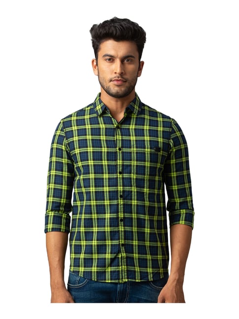 green check shirt combination jeans