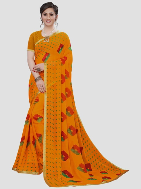 Saree Mall Orange & Red Printed Saree With Unstitched Blouse Price in India