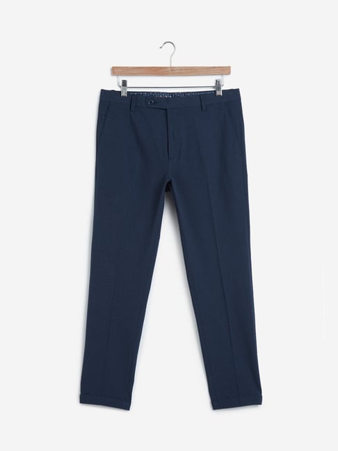 Buy Peter England Men Navy Blue Check Slim Fit Formal Trouser online