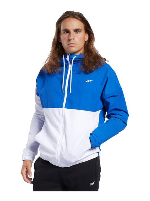 Reebok Blue White Regular Fit Color Block Hooded Jacket