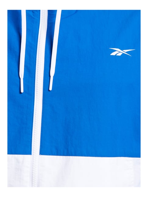 Reebok Blue White Regular Fit Color Block Hooded Jacket