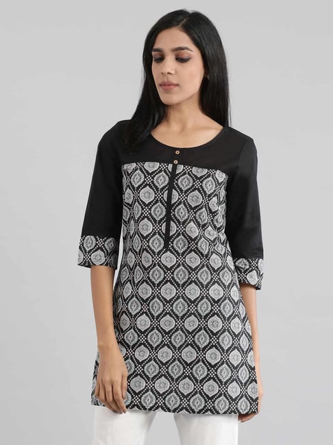 Aurelia Black Cotton Printed Straight Kurti Price in India