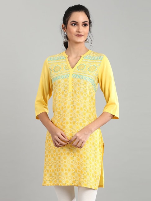 Aurelia Yellow Printed Straight Kurti Price in India