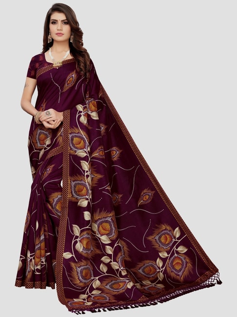 KSUT Magenta Printed Saree With Unstitched Blouse Price in India