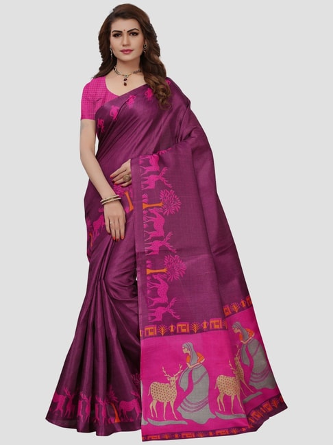 KSUT Purple Printed Saree With Unstitched Blouse Price in India