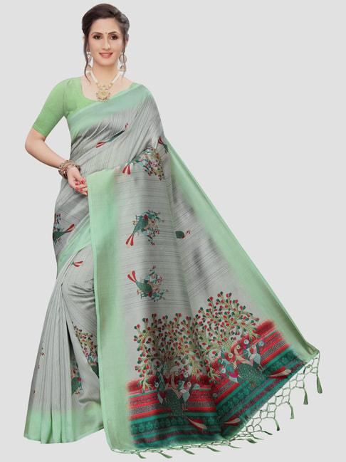 KSUT Grey & Green Printed Saree With Unstitched Blouse Price in India