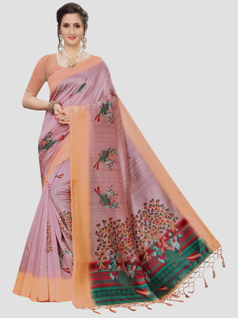 KSUT Pink Printed Saree With Unstitched Blouse Price in India