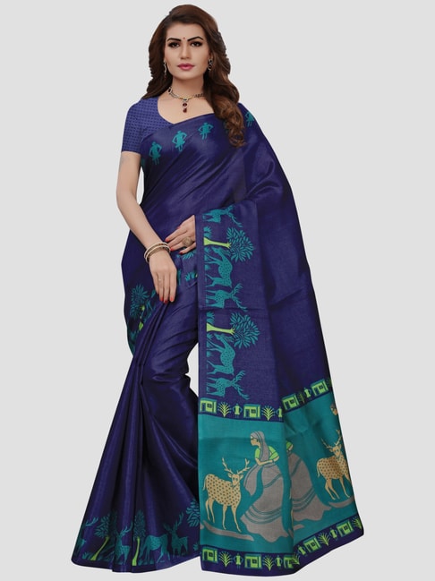 KSUT Navy Printed Saree With Unstitched Blouse Price in India