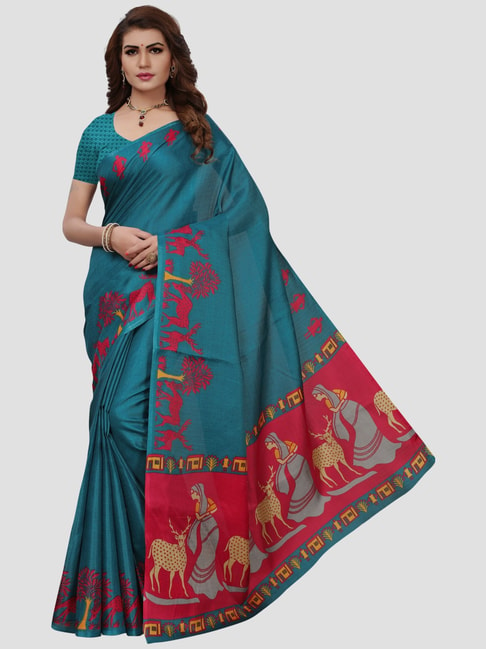 KSUT Turquoise Printed Saree With Unstitched Blouse Price in India