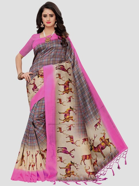 KSUT Pink & Grey Printed Saree With Unstitched Blouse Price in India