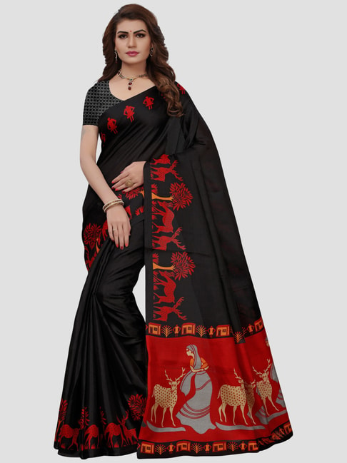 KSUT Black Printed Saree With Unstitched Blouse Price in India