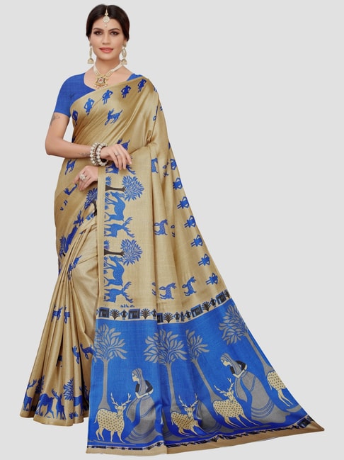 KSUT Blue & Beige Printed Saree With Unstitched Blouse Price in India